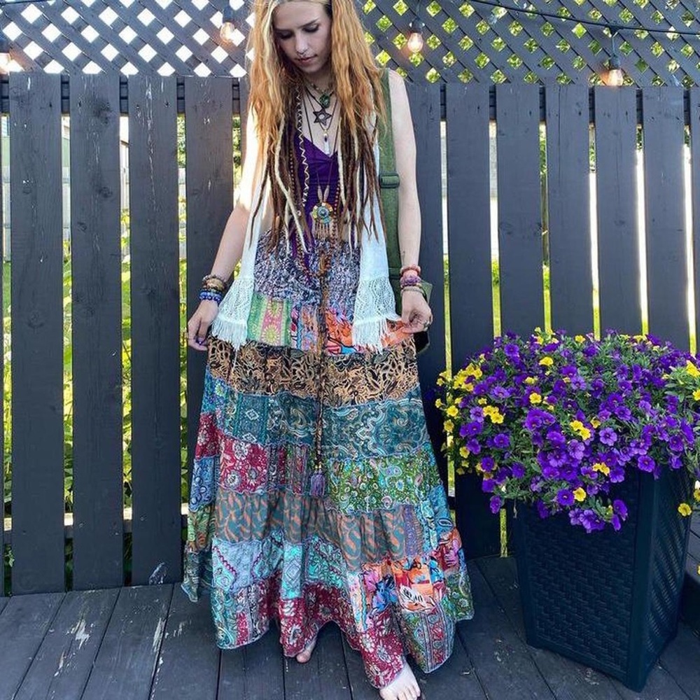 Smocked Ruched Patchwork Boho Dress Skirt